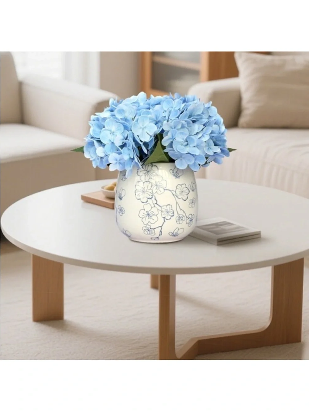 My Texas House Faux Hydrangeas in Floral Vase, Blue and White, 9.5